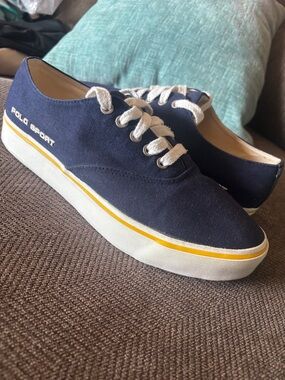 Polo by Ralph Lauren Navy Canvas Low-Top Sneakers with Yellow Stripe sz 10 men’s